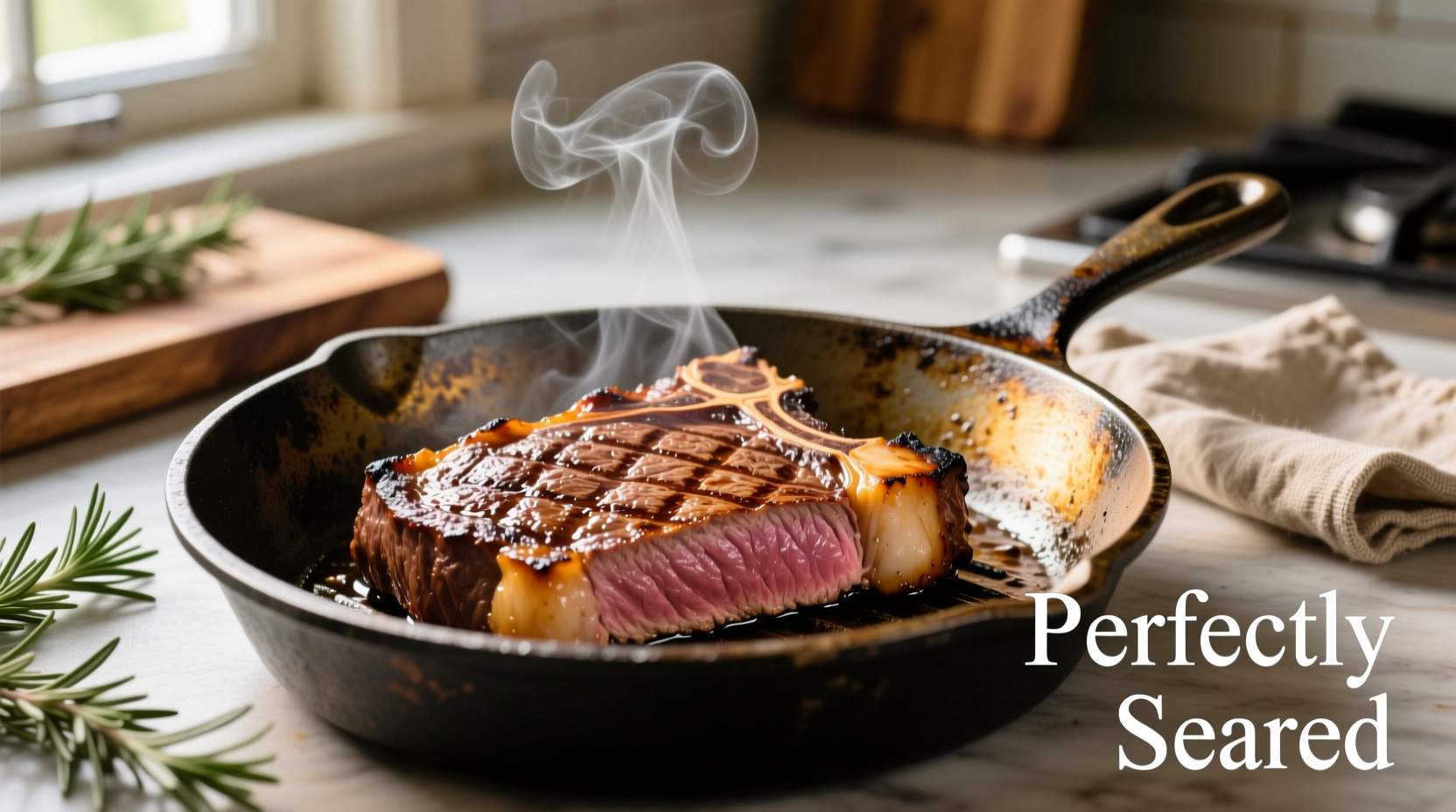 Perfectly seared NY steak in cast iron skillet
