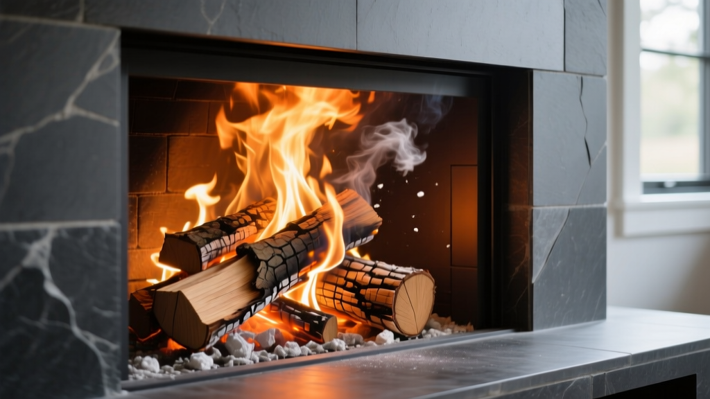 Glowing split oak and hickory logs burning inside a high-efficiency masonry heater firebox with bright orange flames and white ash