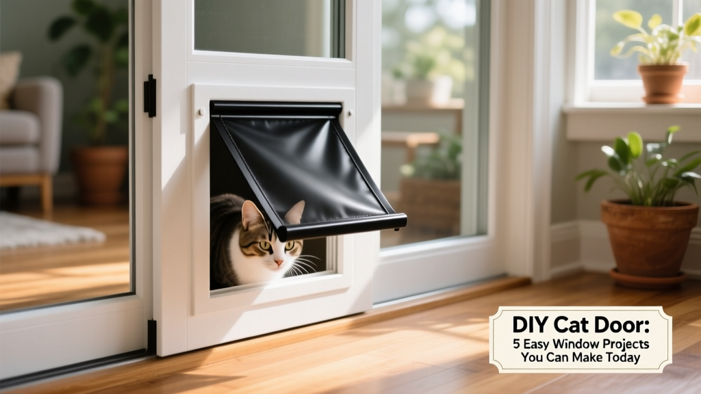 A white PVC sliding panel with a black vinyl flap installed in a standard vinyl window frame
