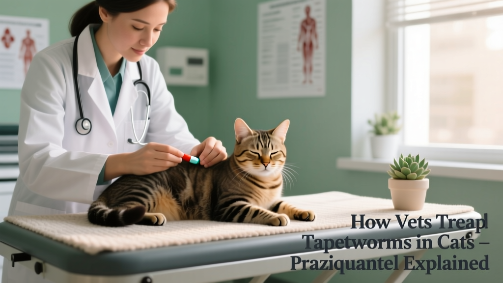 Veterinarian administering a praziquantel tablet to a calm cat during a wellness exam