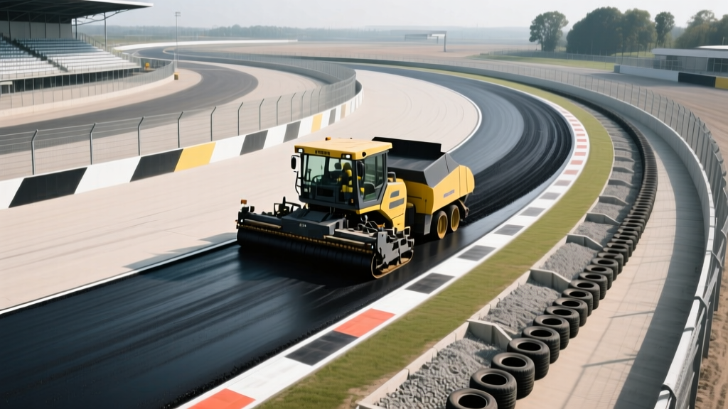 Aerial view of paving equipment laying polymer-modified asphalt on a race track curve with gravel traps and tire barriers.