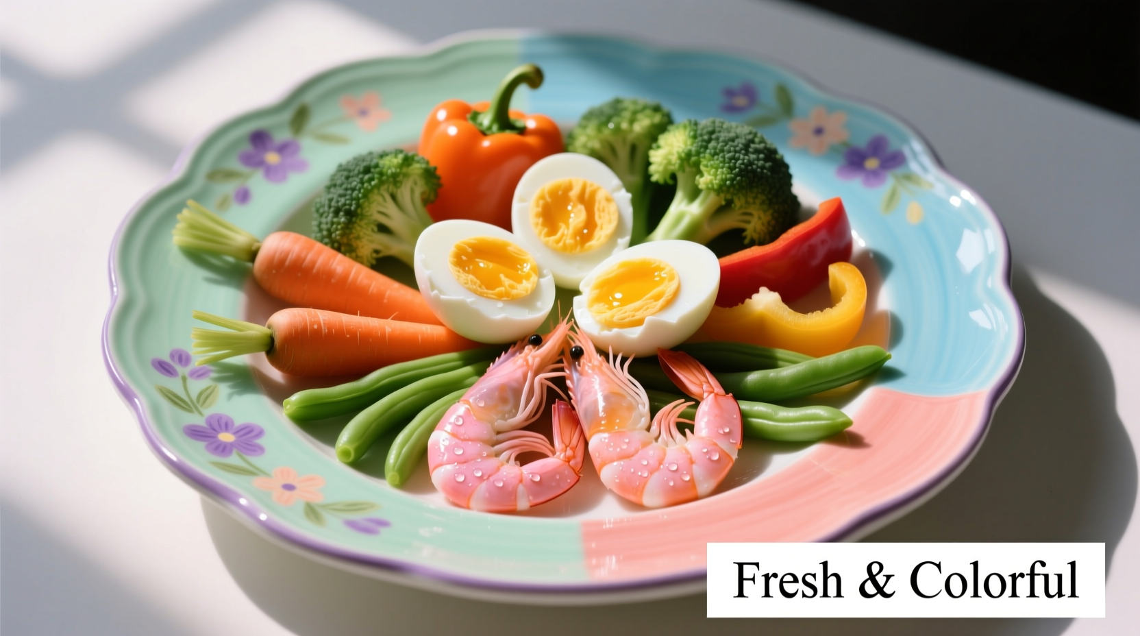 Colorful plate showing eggs, shrimp, and vegetables