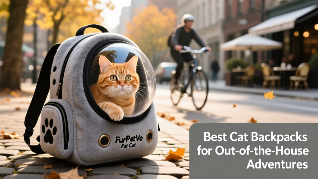 Cat peeking out from the bubble window of the FurPetVo Fat Cat backpack on a city sidewalk