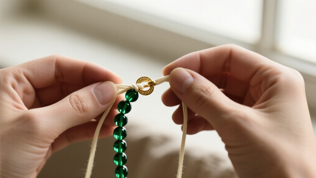 Hands of a jeweler knotting a 14k gold-filled clasp onto a strand of dark green chrome tourmaline beads using fine silk cord.