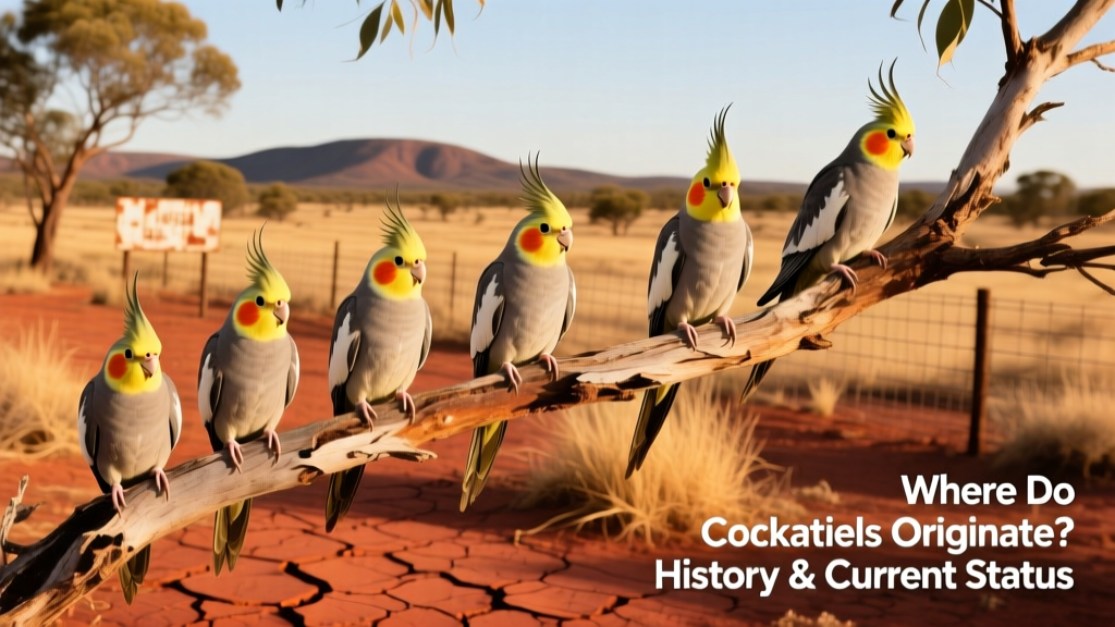 Wild cockatiels perched on a eucalyptus branch in an arid Australian landscape