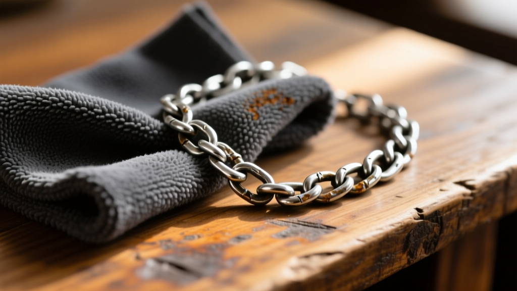 Close-up of a dark grey polishing cloth gently rubbing a heavily tarnished 925 sterling silver chain link on a rustic wooden table.