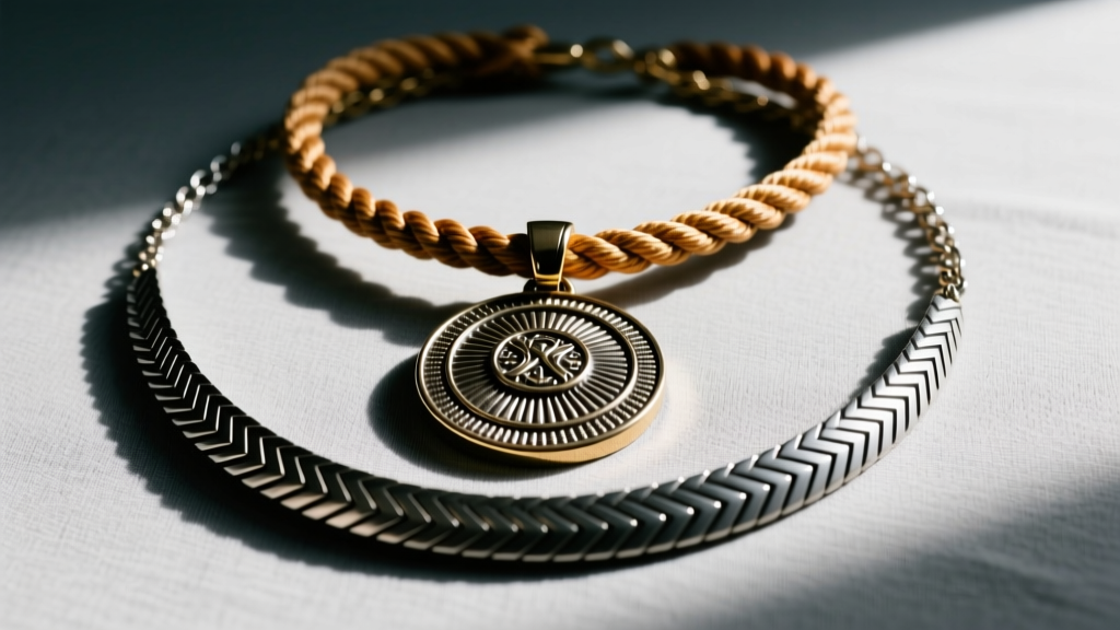 Streetwear flat lay featuring a layered necklace setup with a heavy medallion pendant, a rope chain, and a herringbone choker.