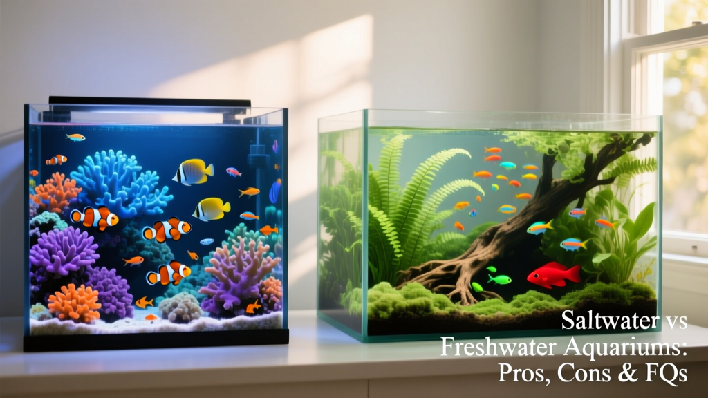 Side-by-side comparison showing a vibrant saltwater reef tank with colorful corals and fish next to a lush freshwater planted tank with tetras and driftwood