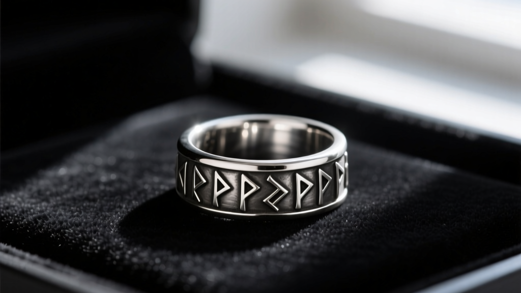 Oxidized sterling silver fantasy signet ring resting on dark velvet, dramatic side lighting highlighting intricate carved runes