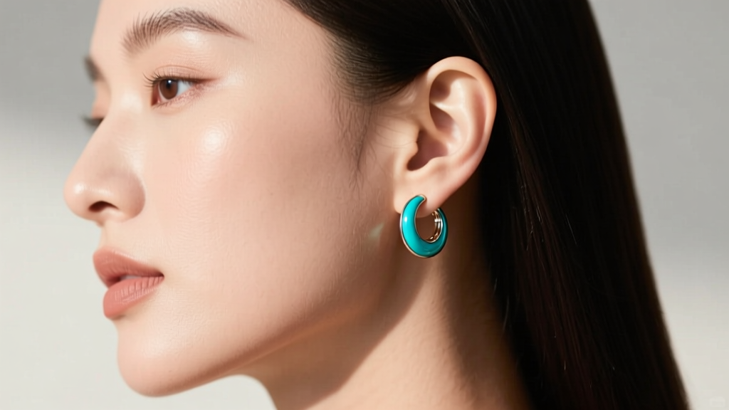 Side profile of a model wearing 12mm inner diameter turquoise huggie earrings, highlighting the snug fit against the lower lobe.