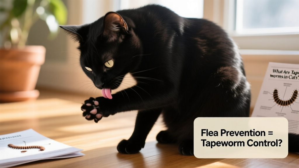 Close-up of a cat grooming itself, highlighting the importance of flea prevention in tapeworm control