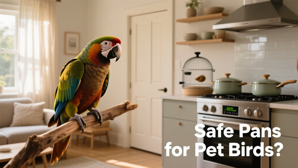 Bird safely perched in a well-ventilated living room adjacent to a kitchen with closed door
