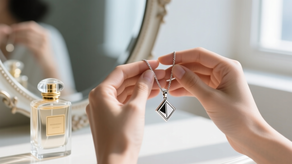 Hands clasping a delicate silver pendant necklace, with a blurred vanity mirror and perfume bottle in the soft background.
