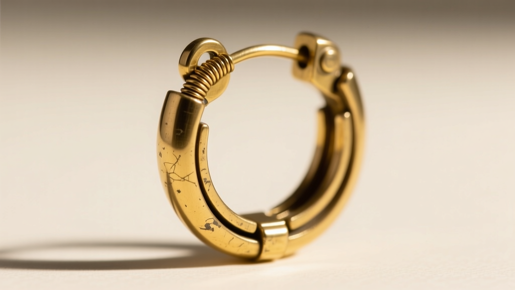 Macro shot of a brass snap-catch hinge mechanism on a discontinued hoop earring, showing the tension wire and catch groove.