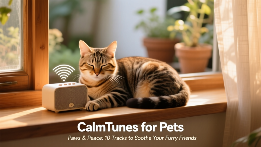 A serene tabby cat curled up on a sunlit windowsill, eyes half-closed, near a small speaker playing calming music
