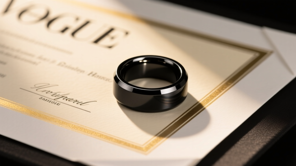 Close-up of a PVD-coated black stainless steel signet ring next to a graduation diploma, high angle shot with warm natural light