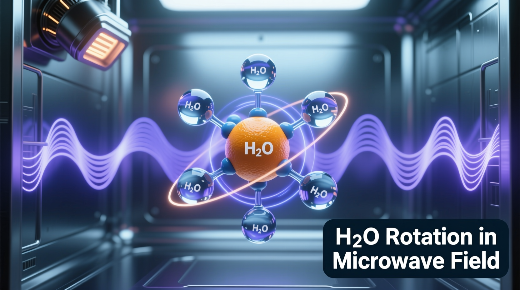 Water molecules rotating in microwave radiation