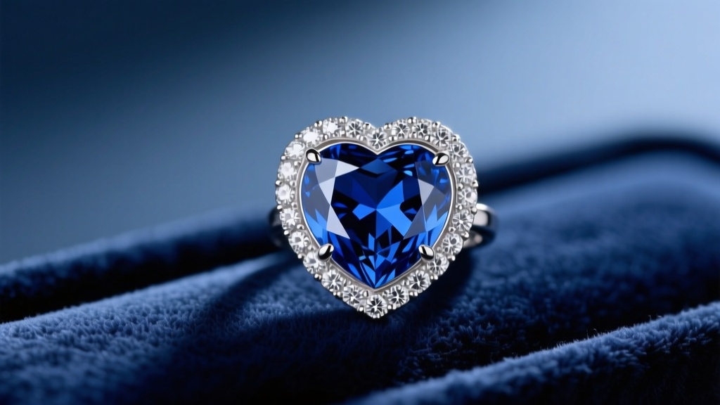 Macro shot of a platinum heart-shaped blue sapphire pendant with a micro-pave diamond halo resting on navy velvet in soft light