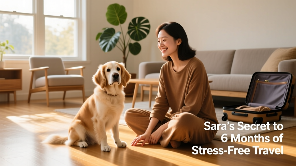 Cav Dog sitting calmly beside a friendly house sitter on a sunny living room floor