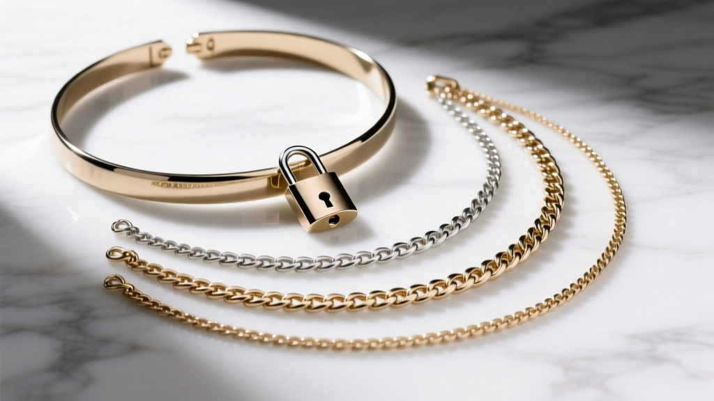 Flat lay showing 16-inch choker, 18-inch lock pendant, and 20-inch figaro chain layered on a white marble surface.