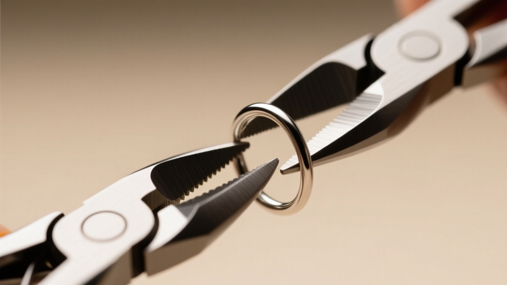 Macro shot of micro flush cutters cleanly snipping a tiny 3mm sterling silver jump ring, highlighted by soft directional lighting.