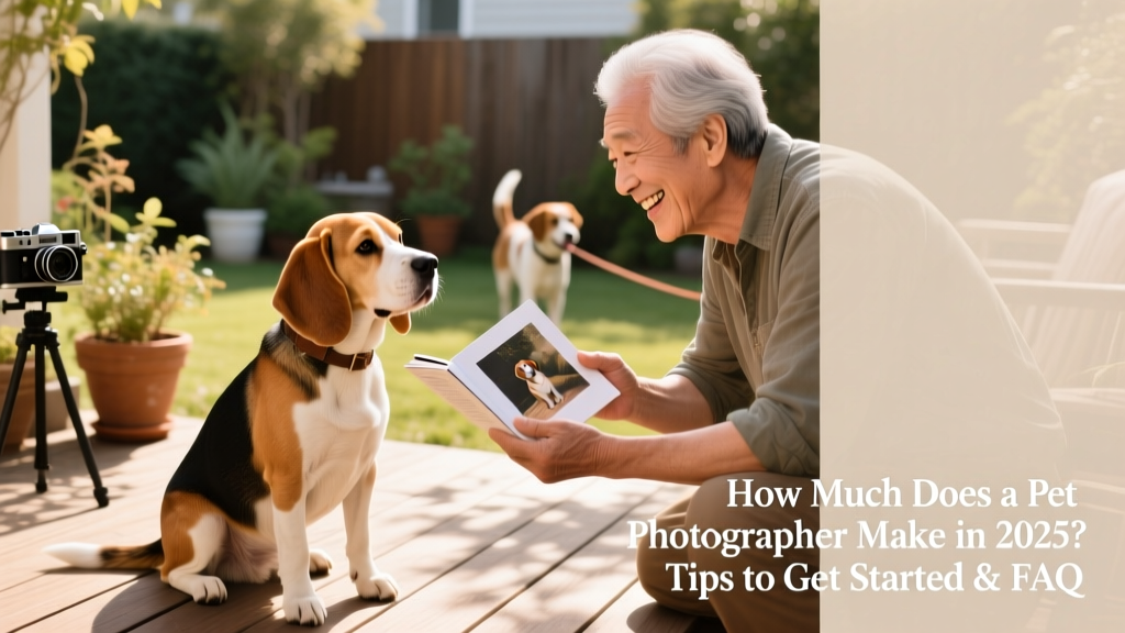 A smiling pet photographer handing a printed photo book to a delighted dog owner and their senior beagle