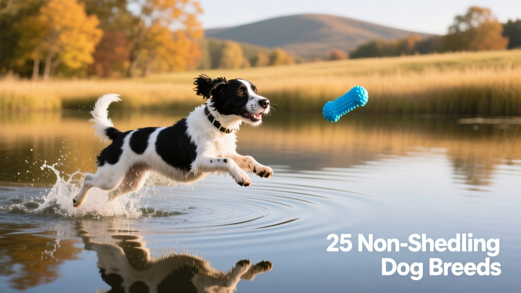 A Portuguese Water Dog happily retrieving a bright blue floating toy from a calm lake