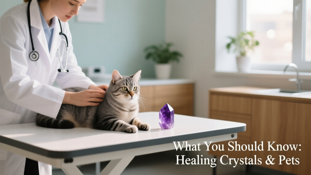 A veterinarian gently examining a relaxed cat while a small amethyst crystal rests nearby on a clean exam table