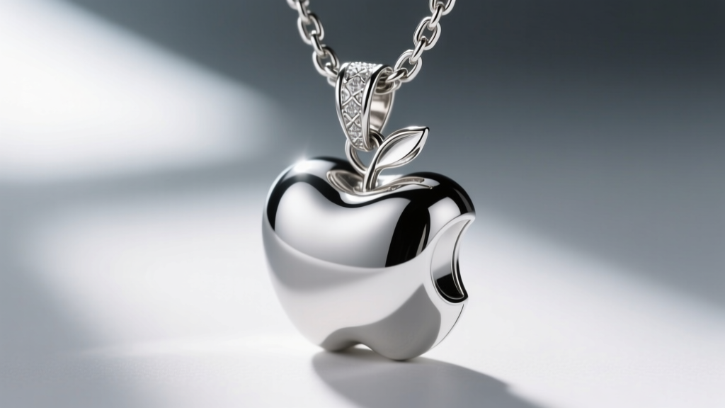 Close-up of a steel chain clasp attached to a polished silver anime apple pendant, highlighting detailed metal grain.