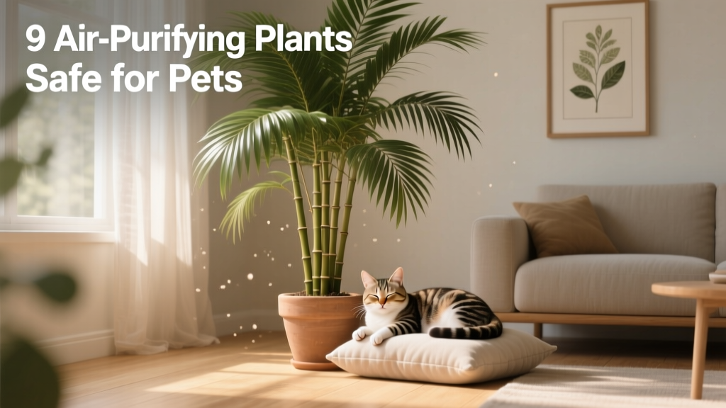 Bamboo palm in a sunny living room corner beside a cat napping on a cushion