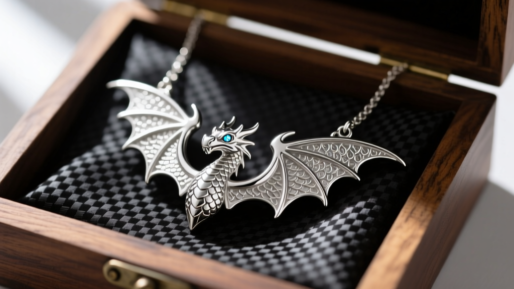 Polished sterling silver NightWing dragon necklace resting on a dark anti-tarnish carbon cloth inside a wooden jewelry box.