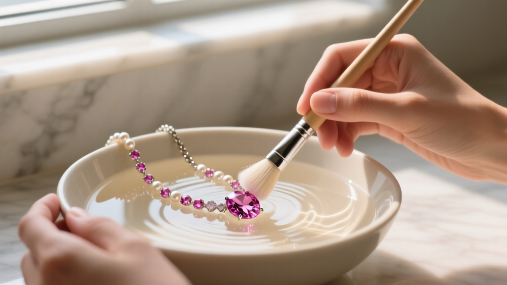 Hands cleaning a pink sapphire tennis necklace with a soft brush in a bowl of warm soapy water, lit by bright natural daylight