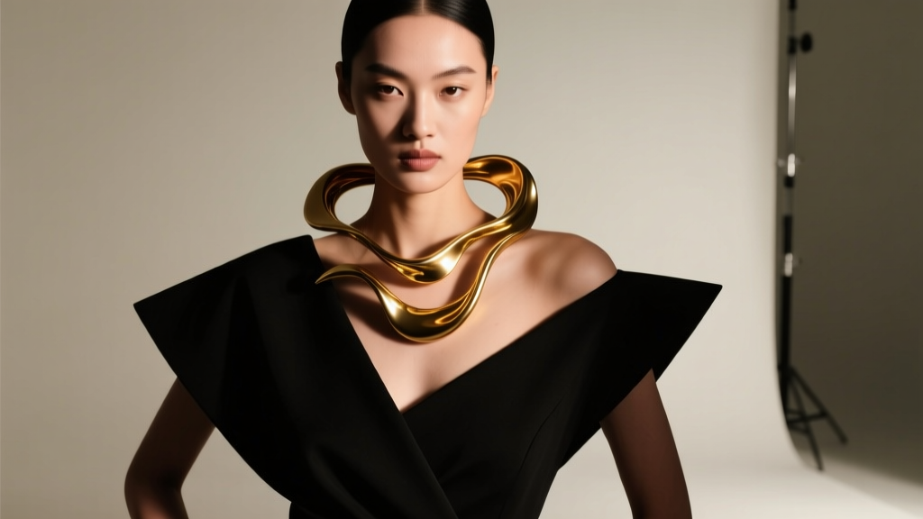 Fashion model wearing a sculptural gold bendable necklace over a black asymmetrical top, lit by soft dramatic studio lighting