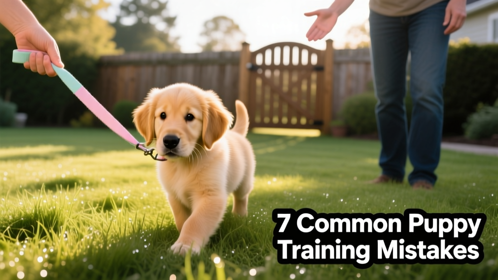 A puppy calmly exploring a grassy yard while on a lightweight leash, with a person nearby offering encouragement