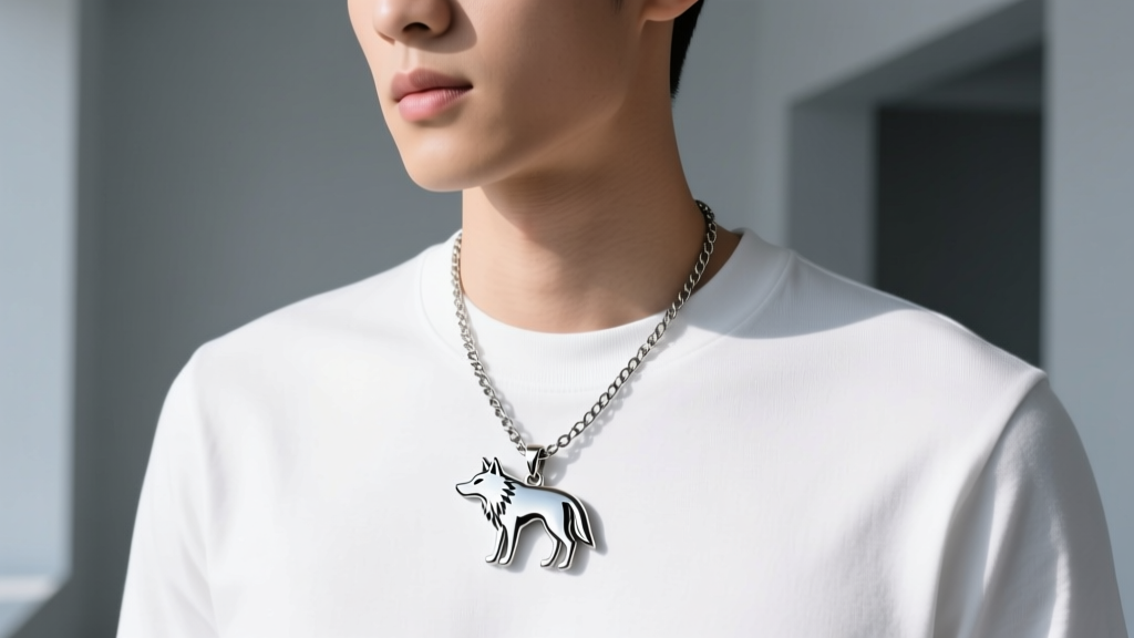 Stainless steel wolf silhouette pendant on a 4mm curb chain worn over a plain white crewneck t-shirt, captured in bright daylight.