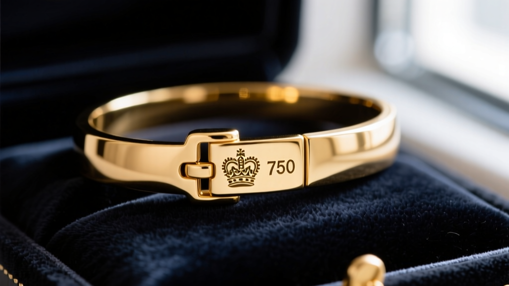 Close-up of a gold bracelet clasp displaying a UK crown assay mark and 750 stamp, resting on a dark velvet jeweler's tray.