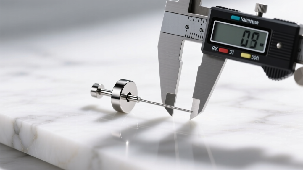 Digital calipers measuring the post length and wire thickness of a titanium flat back labret earring on a white marble surface.