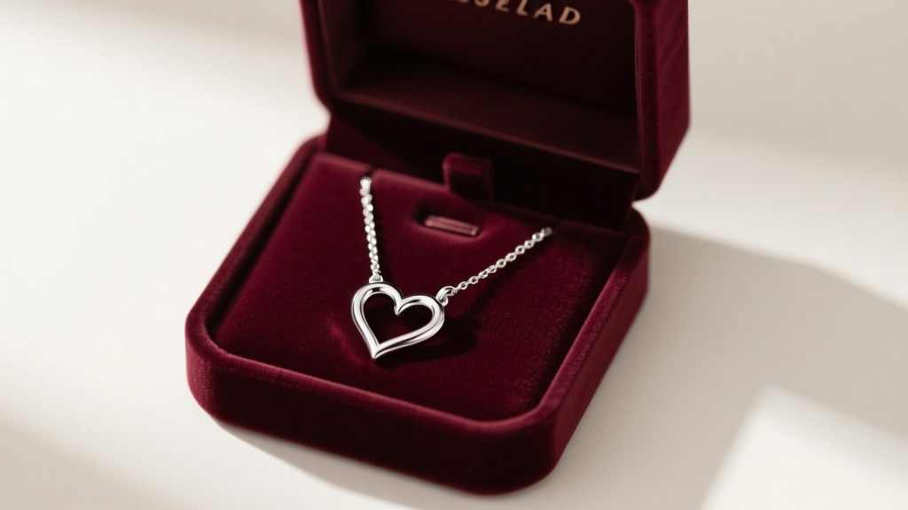 Open velvet gift box revealing a polished 925 sterling silver double heart necklace, soft studio lighting highlighting the metal