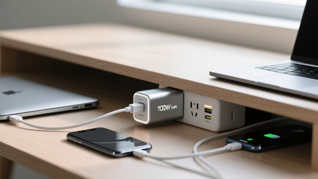 Side profile of 100W GaN desktop charger plugged into hidden under-desk power strip, charging a laptop and smartphone simultaneously