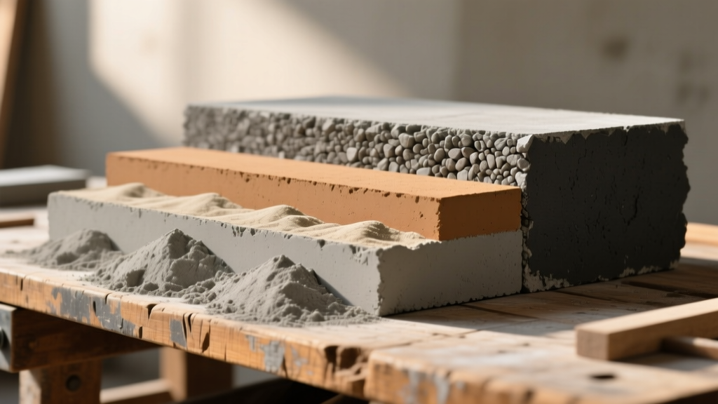 Cross-section showing gray cement powder, sandy mortar, and coarse aggregate concrete side-by-side on a wooden workbench