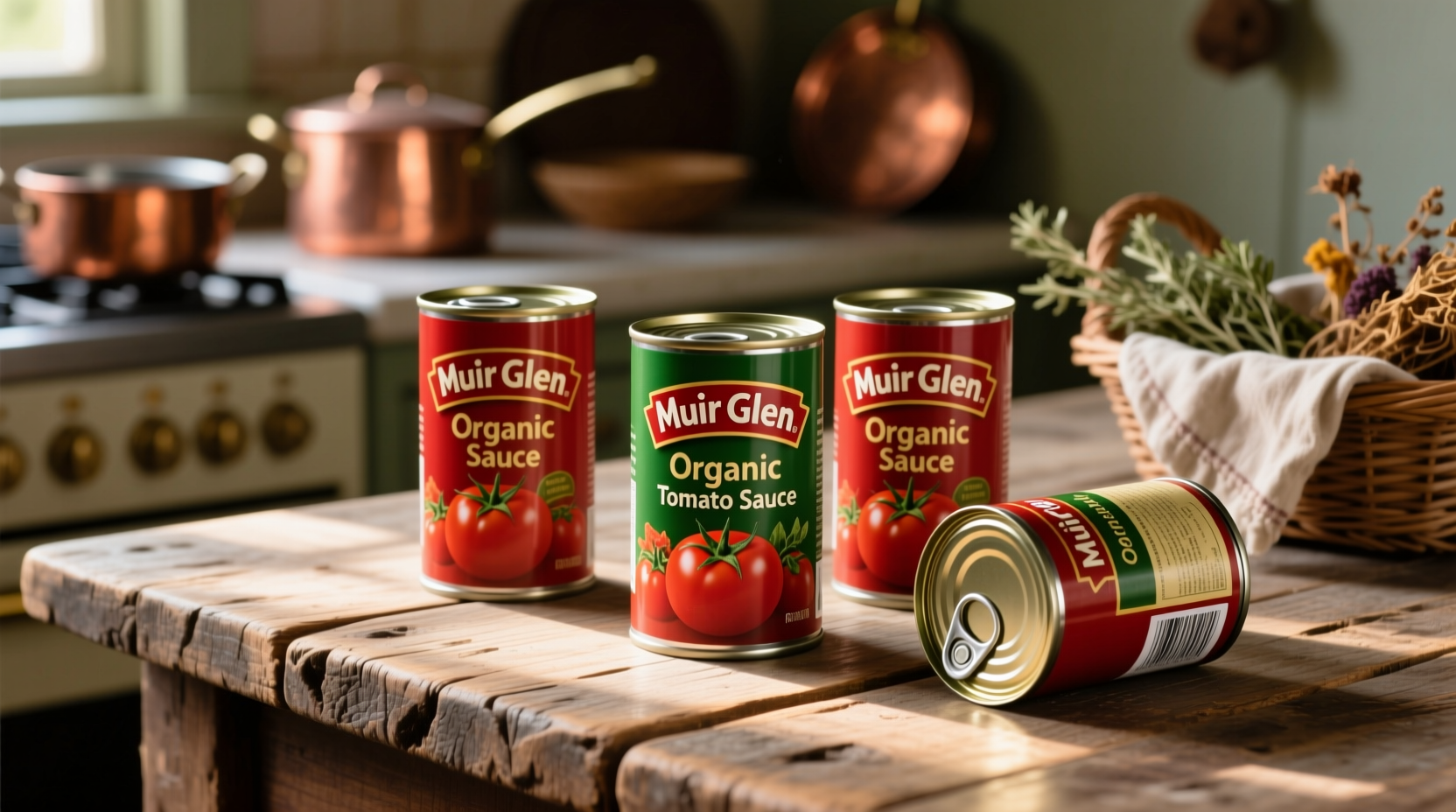 Muir Glen organic tomato sauce cans on wooden table