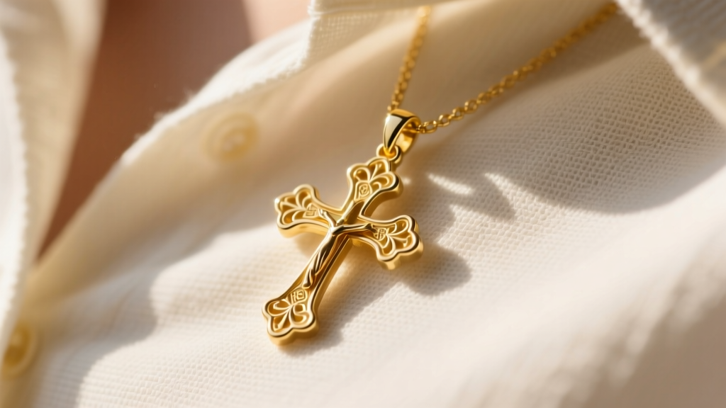 Close-up of a delicate 14k yellow gold Latin cross pendant resting on a textured linen shirt, bathed in soft morning sunlight