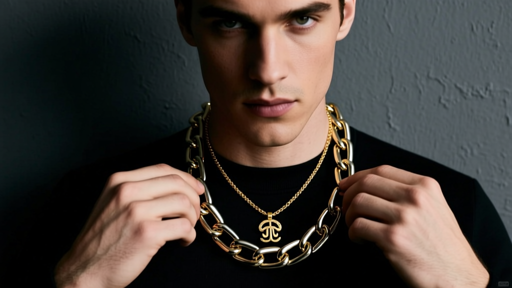 Man layering a Chrome Hearts Tiny E necklace with a thick paperclip chain, shot in moody lighting against a dark grey wall.