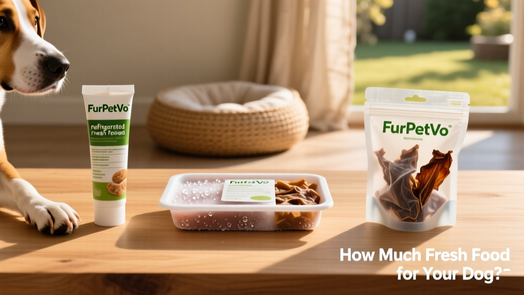 Side-by-side comparison of three FurPetVo fresh food formats: refrigerated tube, frozen tray, and air-dried pouch