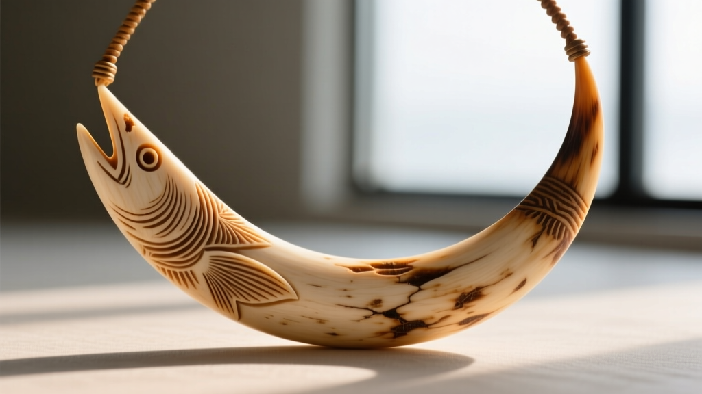 Macro photography of a hand-carved bovine bone hei matau fish hook necklace showing natural grain textures and subtle shading.