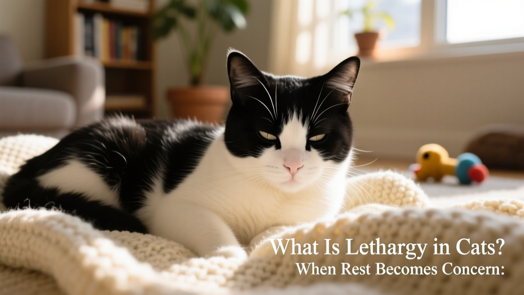 Close-up of a cat resting quietly on a soft blanket, eyes half-closed but alert—illustrating the difference between normal rest and concerning lethargy