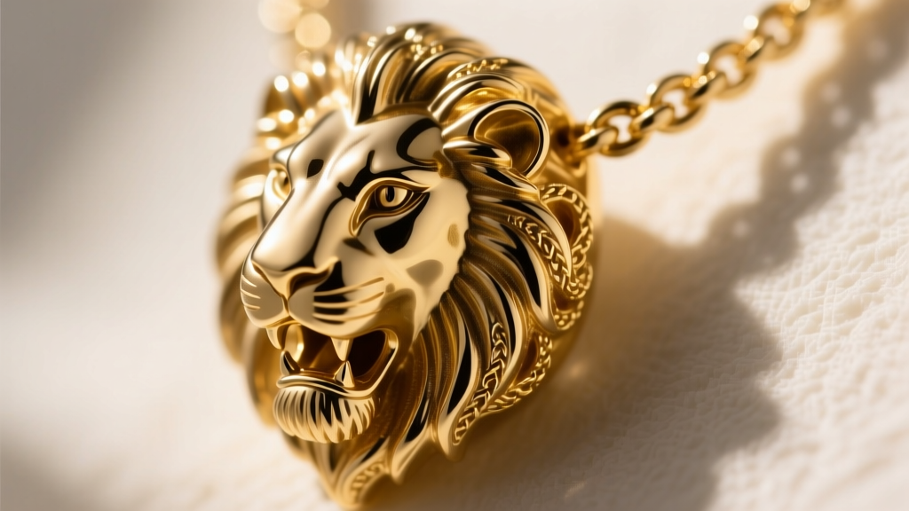 Macro shot of an 18k gold torque necklace terminal featuring a finely detailed sculptural lion head motif with oxidized shading