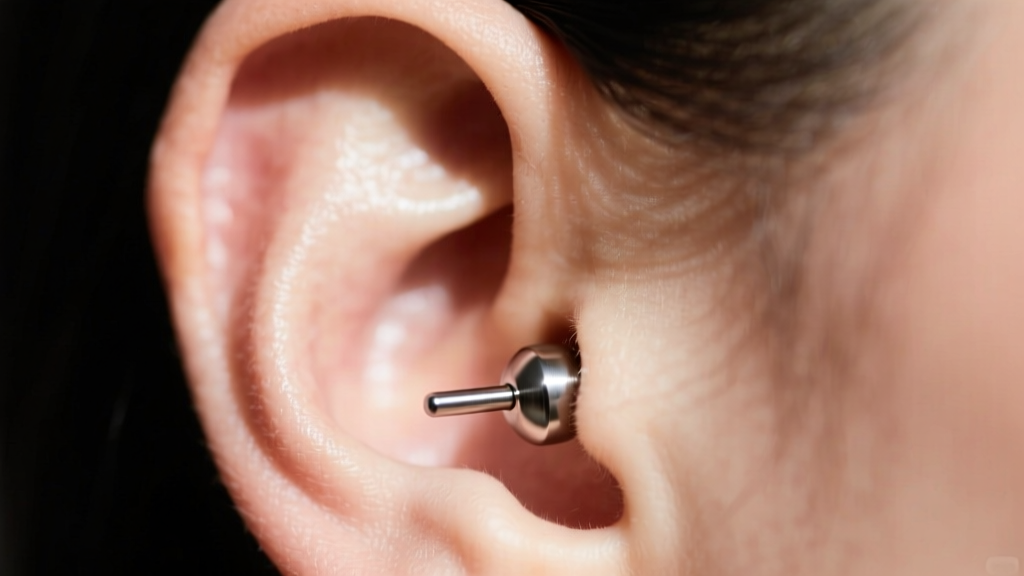 Close-up of an ear with a 3mm flat-back titanium labret in the upper helix piercing, showing a flush fit against the cartilage.