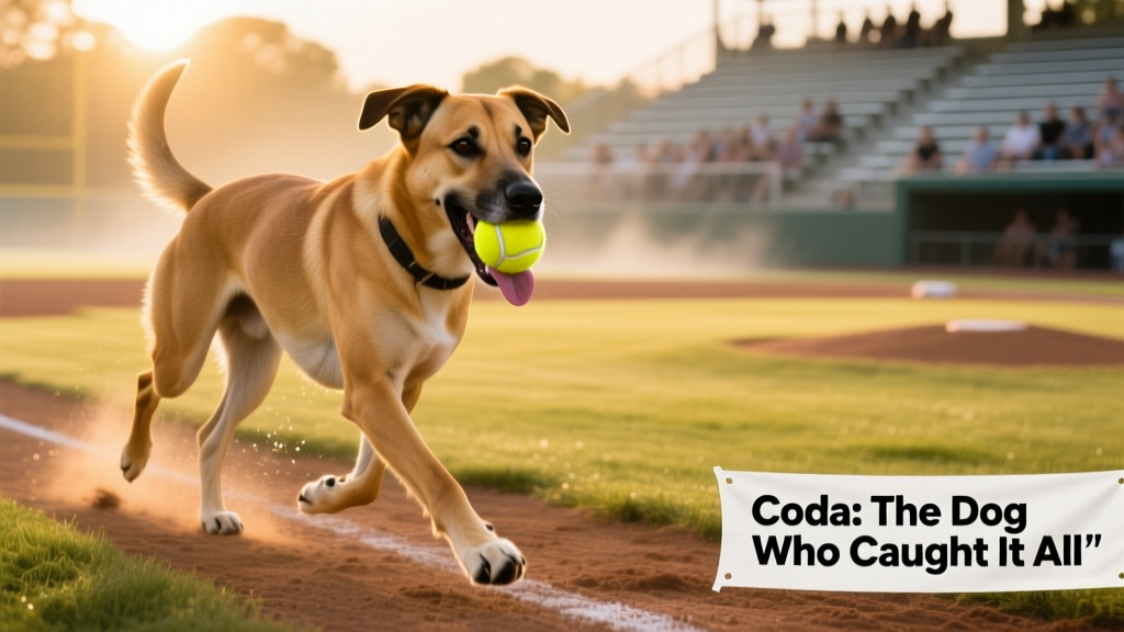 Coda trotting confidently across a sunlit baseball diamond, tennis ball held proudly in his mouth