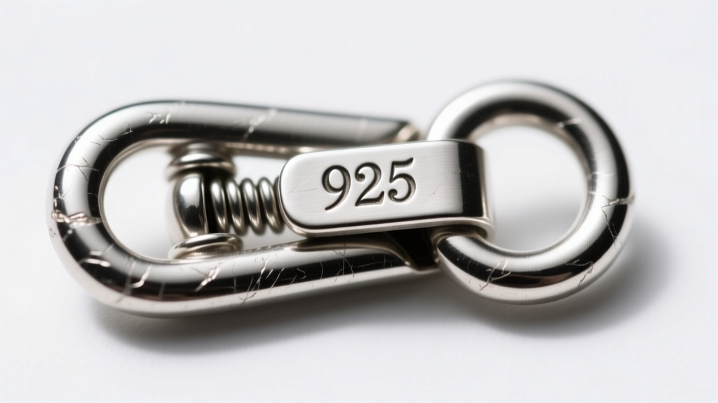 Extreme close-up of a 5mm sterling silver lobster clasp with a stamped 925 hallmark, showing the internal spring tension lever